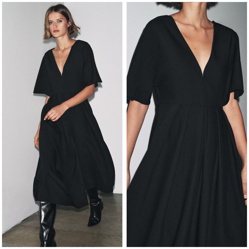 Zara Black Short Sleeve Midi Dress Large Aline Chic Modest Classic 8773/998 - Picture 2 of 14